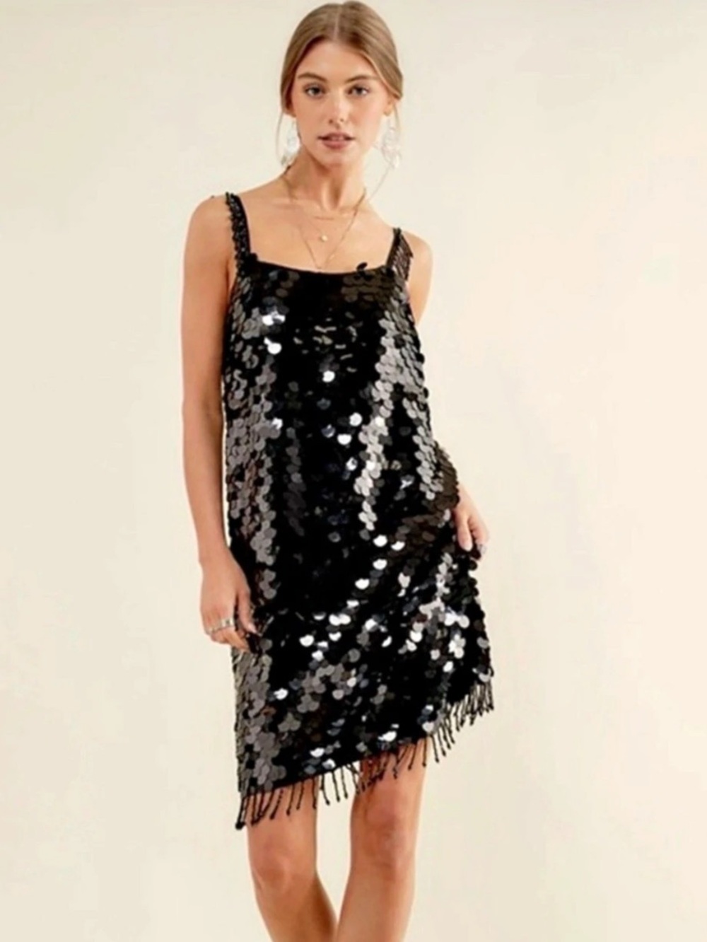 blue B  Sequin Fringe Mini Dress in Black Size Large New